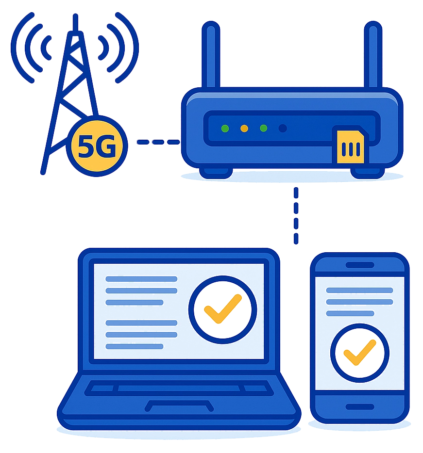Illustration: 5G-Sendemast verbindet sich mit einem Router, der Internet an Laptop und Smartphone weiterleitet.